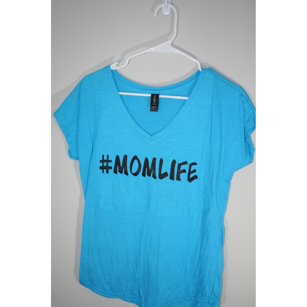 Anvil Mom Life Graphic V-Neck T-Shirt Turquoise Blue Tri-Blend Medium